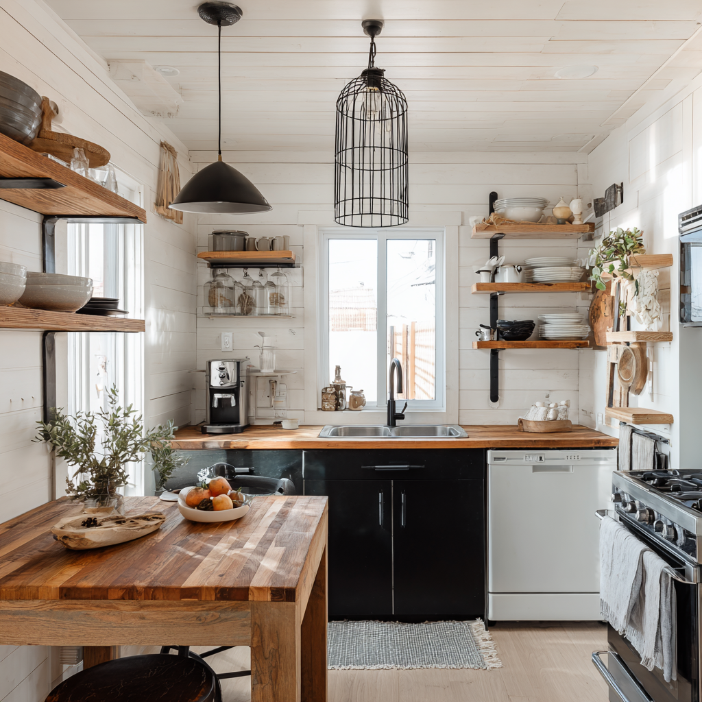 A bright, compact kitchen with white shiplap walls, open wood shelving, matte black cabinetry and fixtures, a butcher-block island, industrial pendant lighting, and light wood flooring filled with natural light.