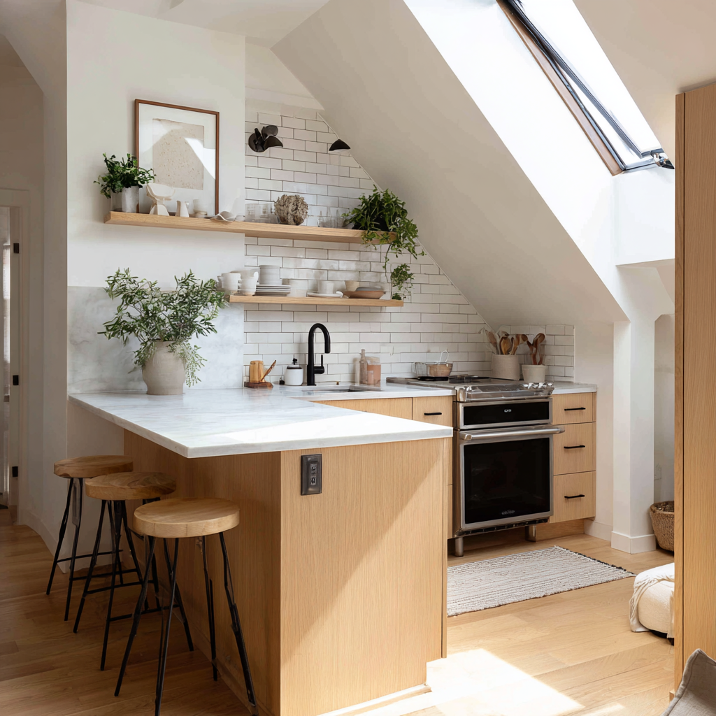 A compact modern A-frame kitchen with white oak cabinetry, white marble countertops, and open shelving set against a classic white subway tile backsplash.