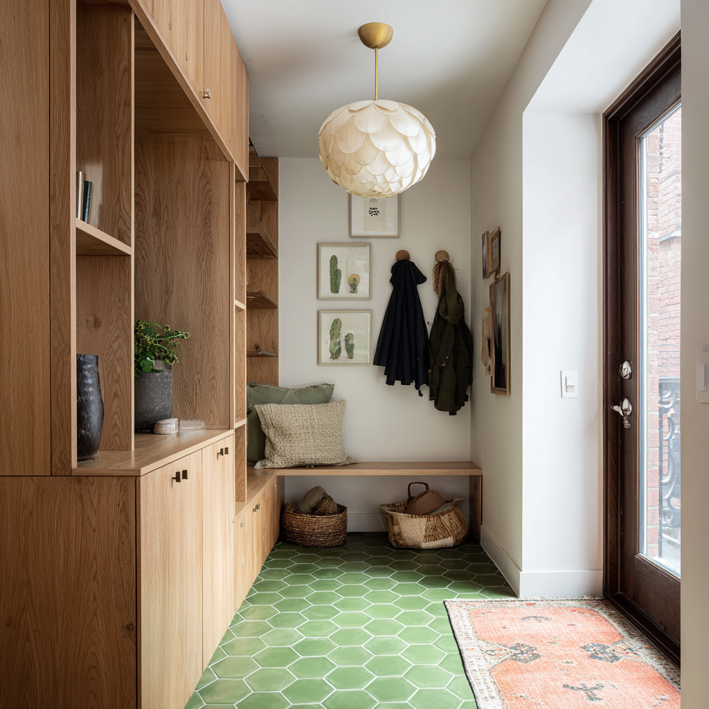 A compact mudroom features light wood built-in cabinetry with open shelving and closed storage, a bench seat with pillows, bright green hexagonal floor tiles, a blossom-shaped pendant light, a gallery wall with framed cactus art and a few coats hanging on wooden wall hooks, and a dark-framed glass door leading outside, with a small, patterned area rug near the door.