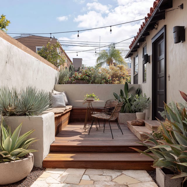 Multi-level wood deck with a built-in bench and cafe set.