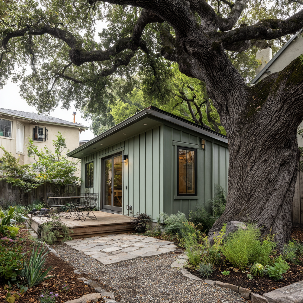 Green ADU by a large tree with a wood deck and gravel path.