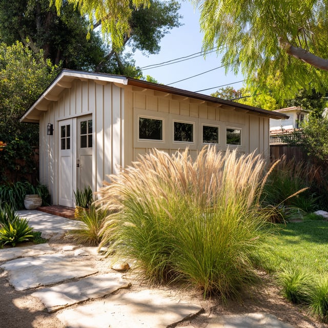 Small beige ADU cottage with tall grass and stone path.