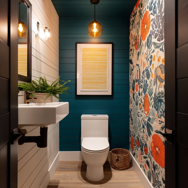 Bold shiplap bathroom with teal accents and floral walls.