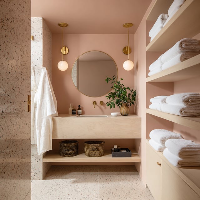 A contemporary bathroom features a pale pink accent wall, a light wood vanity, a round gold-framed mirror, and open shelving stocked with white towels.
