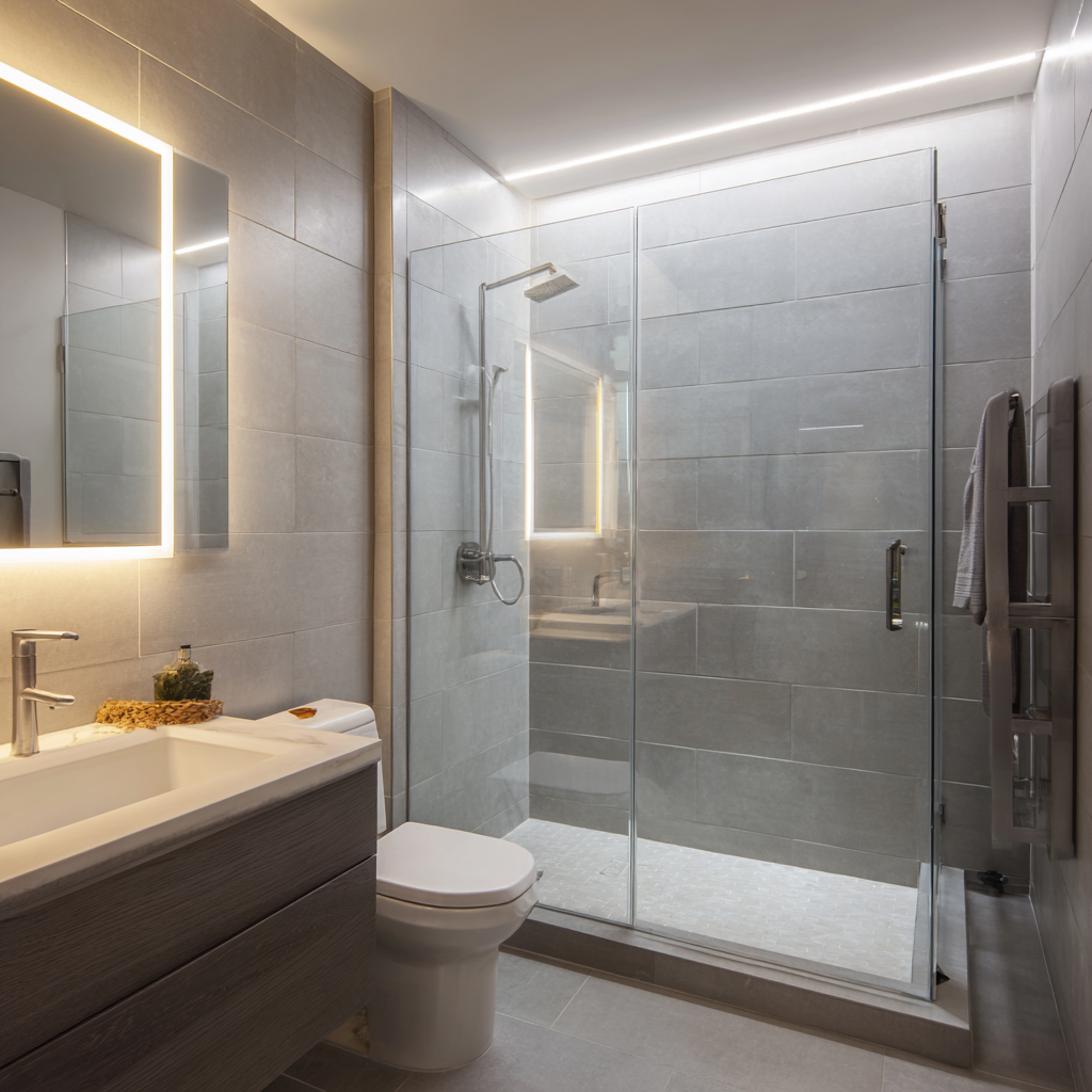 A contemporary bathroom with large grey wall tiles, a glass-enclosed walk-in shower, and a floating dark wood vanity illuminated by a sleek, backlit mirror.