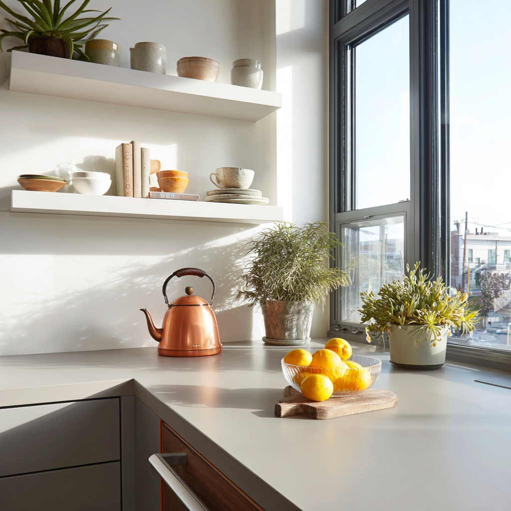  Polished black granite, speckled beige, and gray counters.