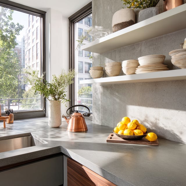 A contemporary kitchen corner features a gray countertop with a copper kettle and a bowl of lemons, set against large windows overlooking a city, and two floating white shelves displaying ceramic vessels and bowls.
