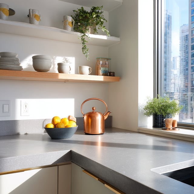 Bright kitchen with gray counters, copper kettle, and lemons.