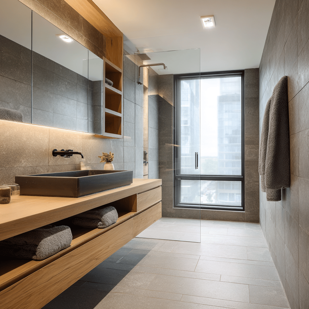 Contemporary urban apartment bathroom with wooden vanity and grey tiles.