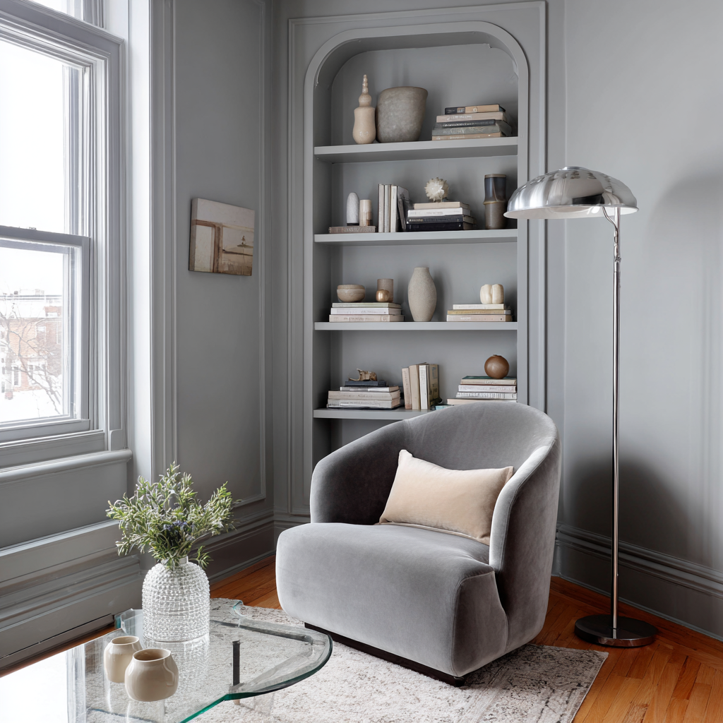 A monochromatic pearl gray sitting nook featuring an arched built-in bookcase, a plush velvet armchair, and a chrome floor lamp beside a large window.