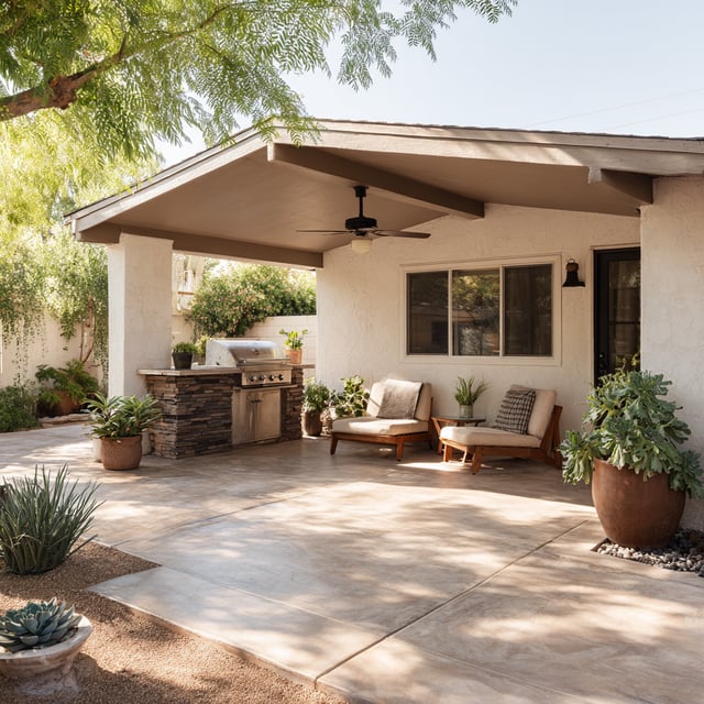 Covered backyard patio with outdoor kitchen and seating area.