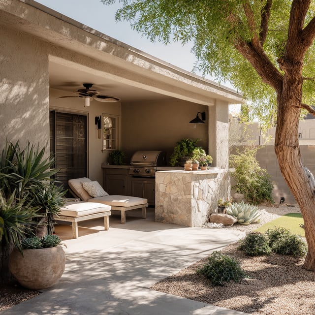 Covered outdoor patio with lounge chairs and built-in grill.