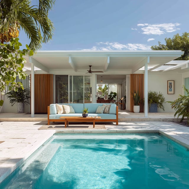 Modern terrace with a pool, blue sofa, and palm trees.
