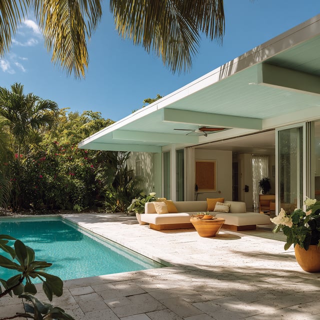 A covered terrace by a turquoise pool and lush plants.