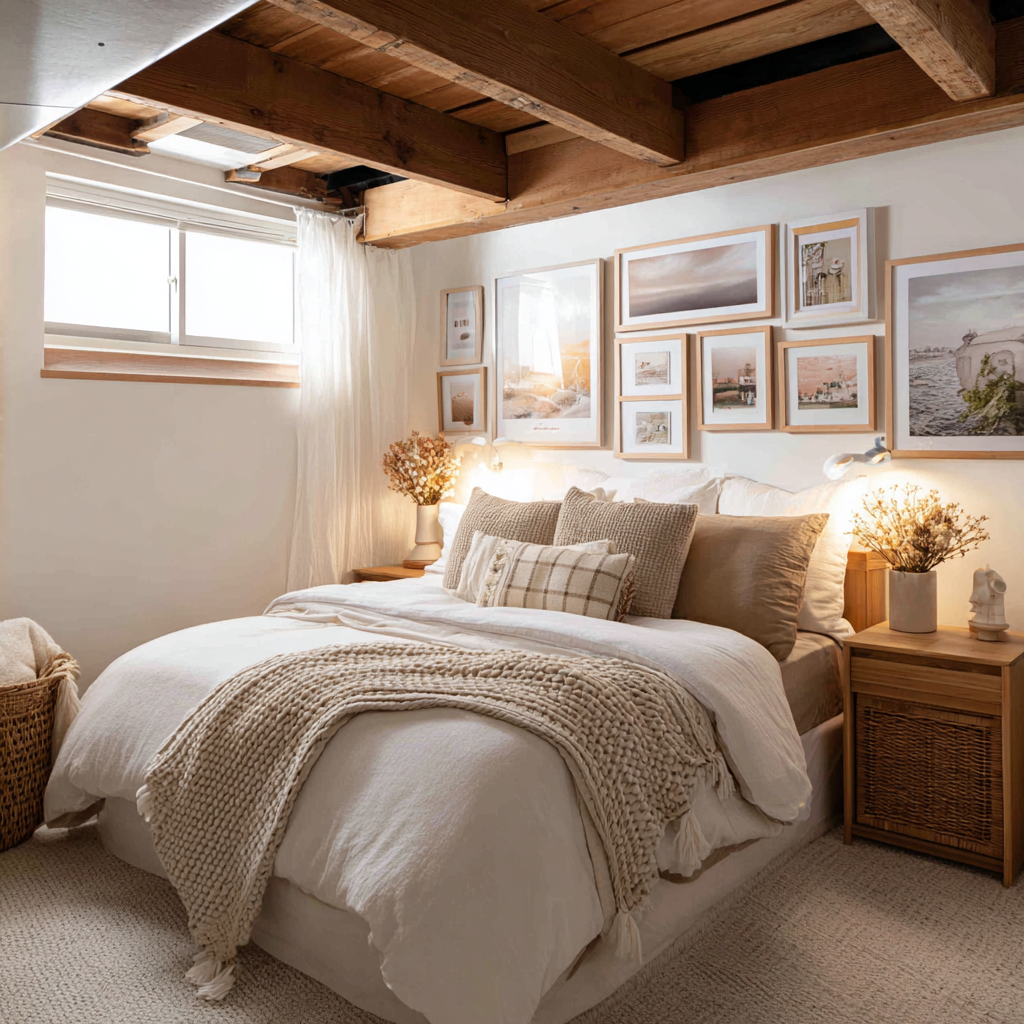 cozy basement bedroom with exposed wood beam ceiling