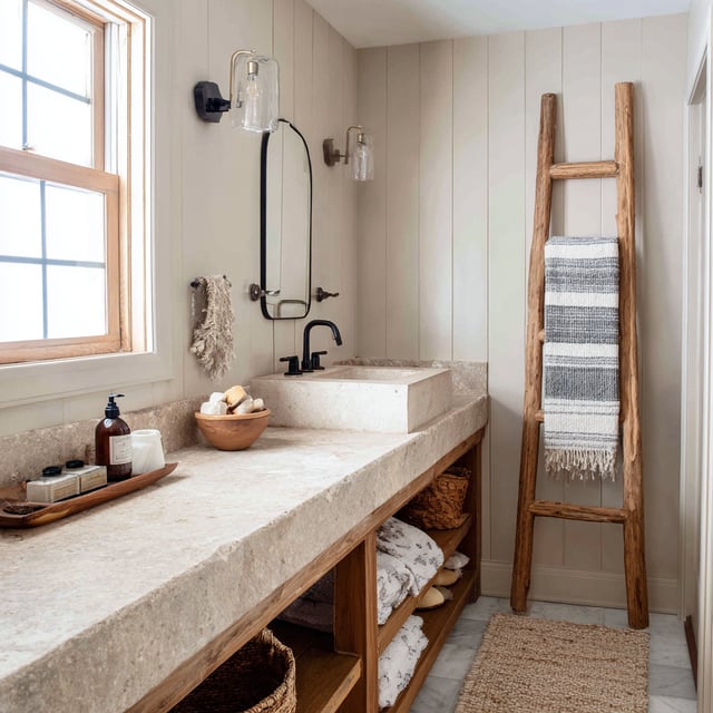A cozy bathroom features a matte-finish stone countertop with an integrated basin, open shelving underneath for storage, shiplap walls, a wooden towel ladder, and a window with a natural wood frame.
