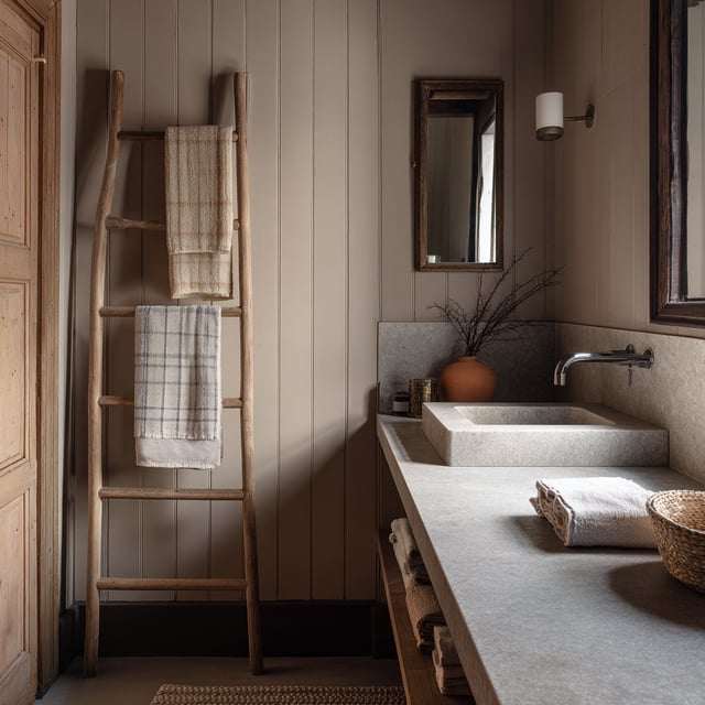 Cozy bathroom with a stone sink, towel ladder, and mirror.