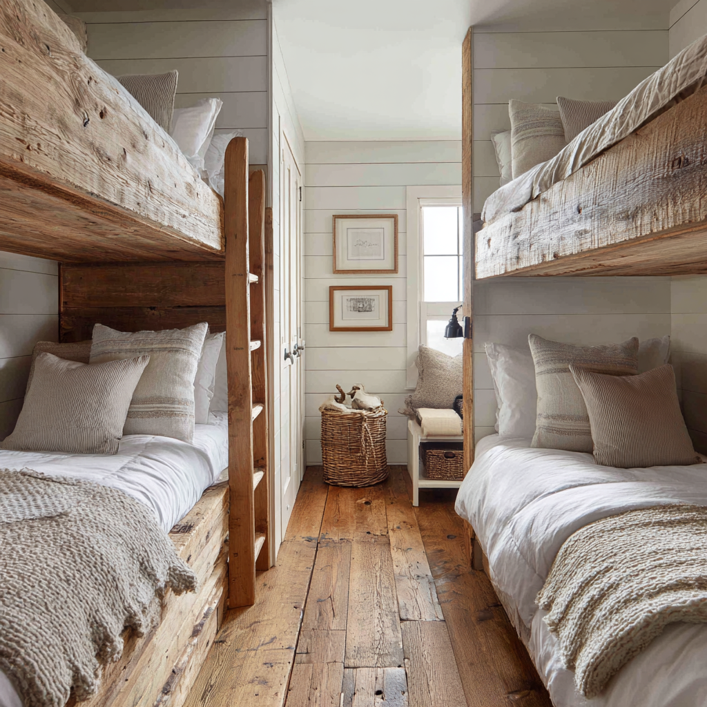 A cozy bunk bedroom with reclaimed wood bunk beds, white shiplap walls, layered neutral bedding, woven baskets, framed art, and wide-plank wooden flooring illuminated by soft natural light.