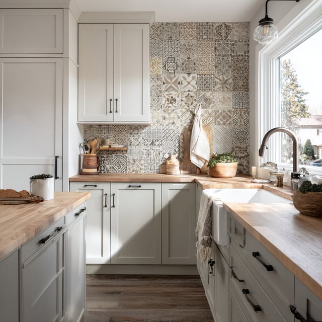 Rustic kitchen with patterned tile and wood countertops.