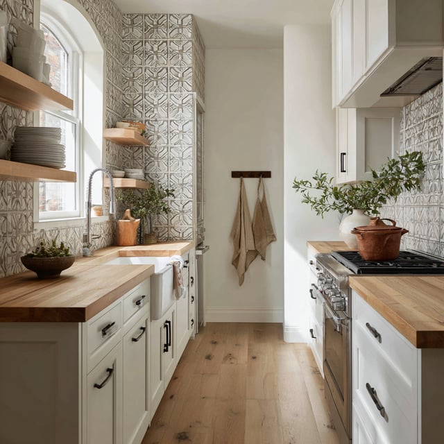 Galley kitchen with white and wood counters and copper tap.