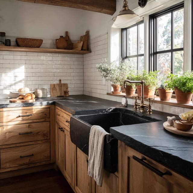 A farmhouse kitchen with a black stone sink and wooden cabinets.