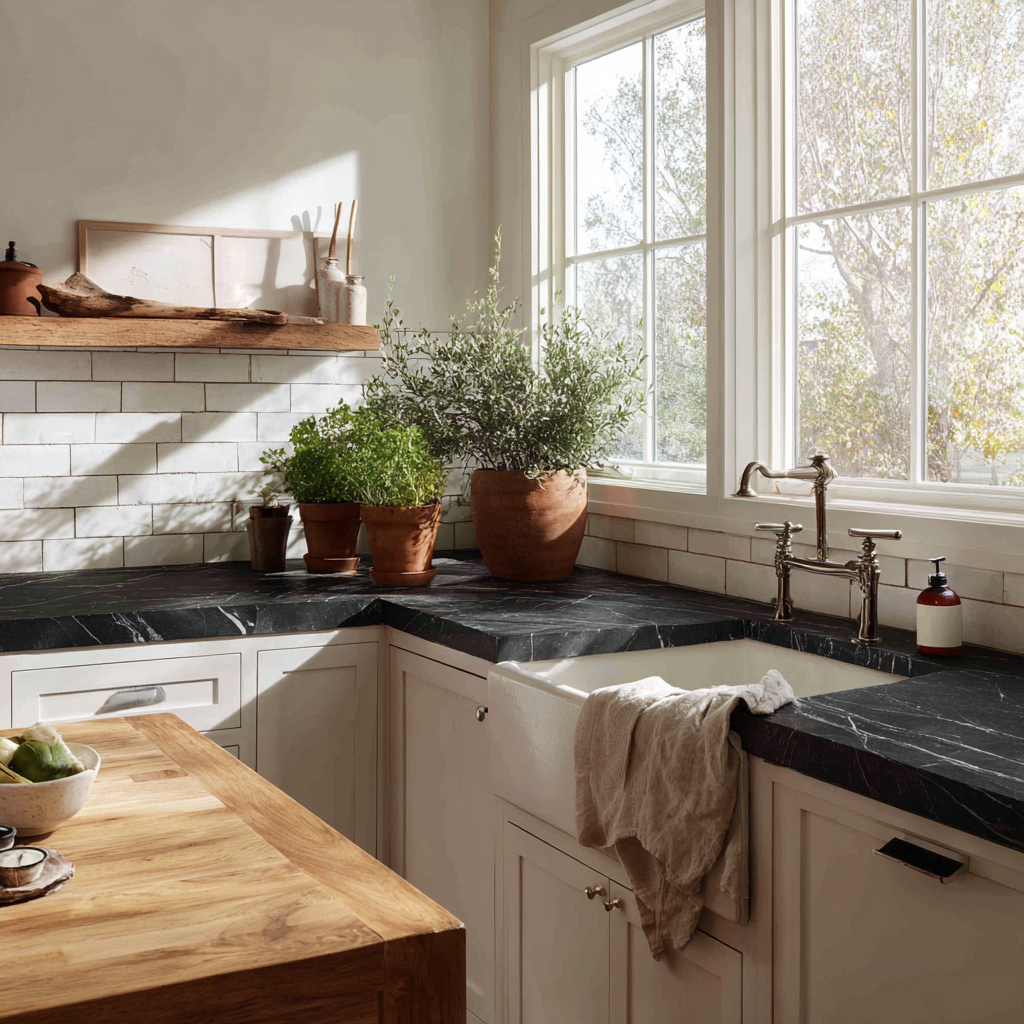 A cozy farmhouse kitchen features a white sink, black marble countertops, white subway tile backsplash, white base cabinets, a silver-toned bridge faucet, and several potted plants by a large window.