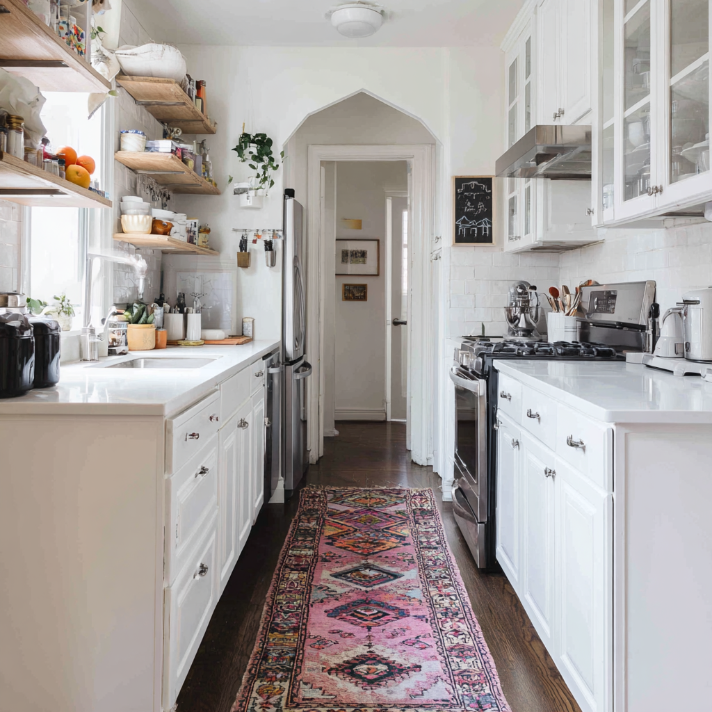 Cozy galley kitchen with white shaker cabinets, white subway tile backsplash, open wood shelves, stainless steel appliances, dark wood floors, and a colorful vintage runner rug.