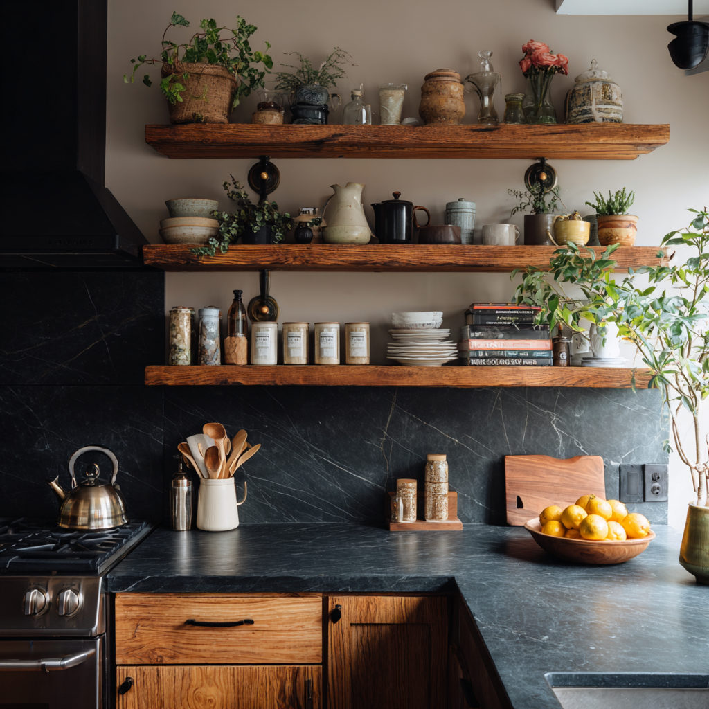 Cozy kitchen with black stone and rustic wood shelves.