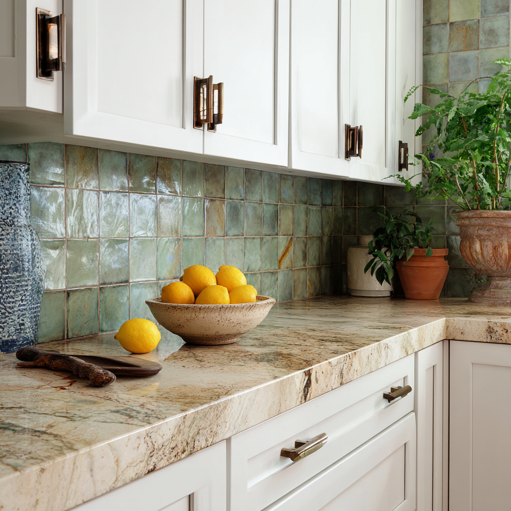 The kitchen with green weathered zellige tile, white shaker cabinets, craftsman-style hardware, lemons in a ceramic bowl, and multi-toned earthy granite