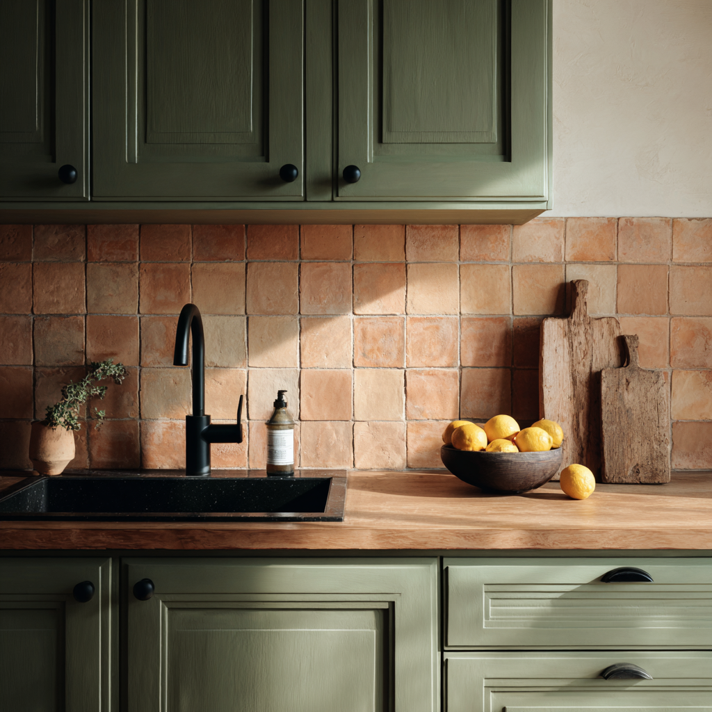 Sage kitchen with black tap, wood counters and orange tile.