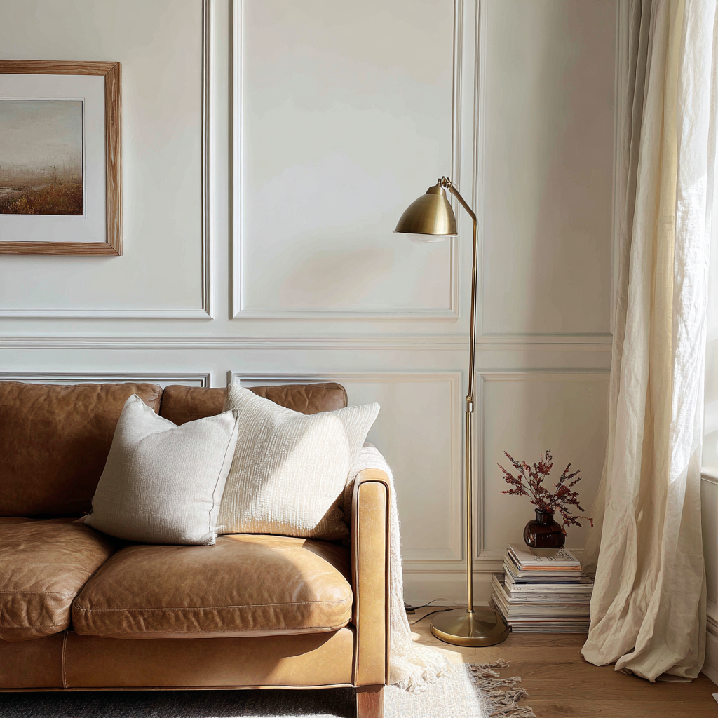 A_cozy_light-filled_living_room_featuring_floor-to ceiling wall moulding