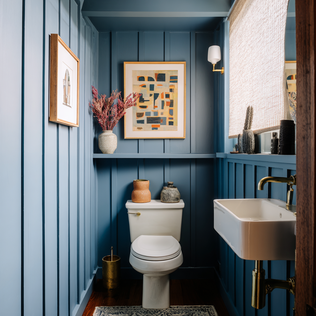 A cozy low-ceilinged bathroom spotlights smooth blue vertical wall paneling.