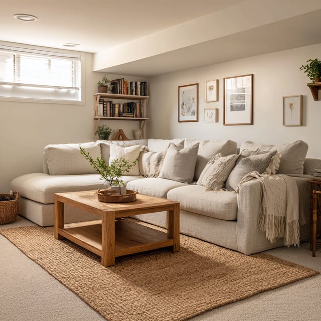 A cozy, finished basement living room features a large light-colored sectional sofa, a wooden coffee table centered on a natural fiber rug, a window with blinds, and shelves filled with books and framed artwork on the walls.