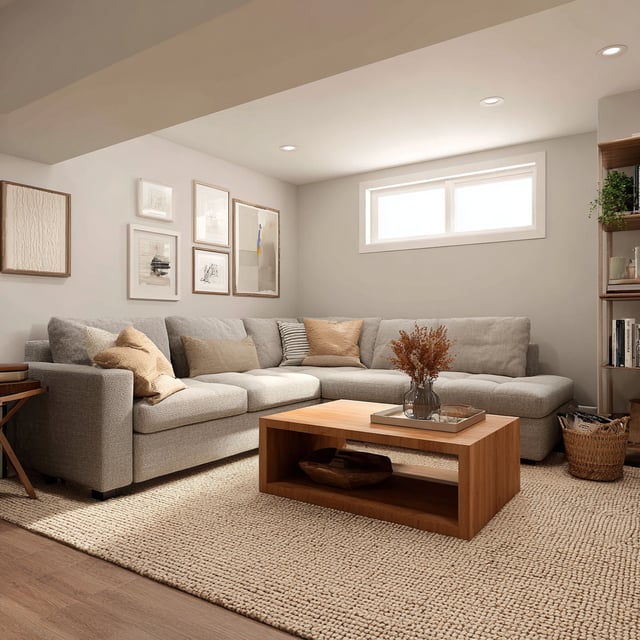 Cozy neutral basement lounge with plush sectional and wood.