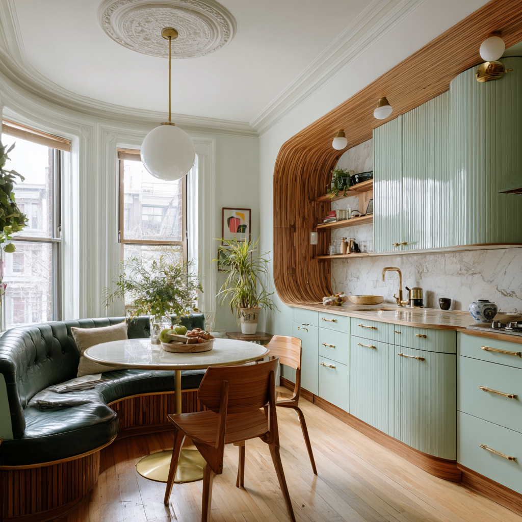 Retro-inspired kitchen with mint green fluted cabinets, curved wood paneling, marble backsplash, brass hardware, and a built-in banquette with round table and globe pendant lighting.