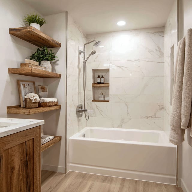 White marble tub-shower combo with wood shelving.