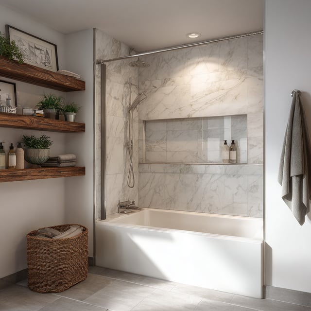 White marble tub-shower combo with wood shelves.