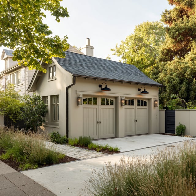A detached two-car garage with overhead lighting.