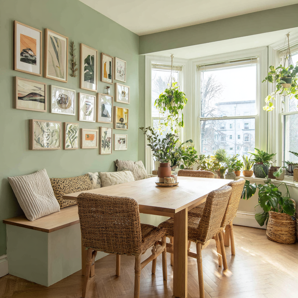 A dining area completely enveloped in sage green palette.