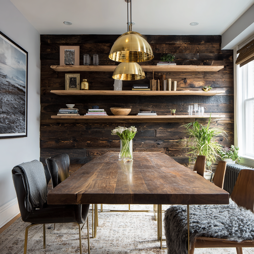 Dining room with a dark wood wall, shelves, and gold lights.