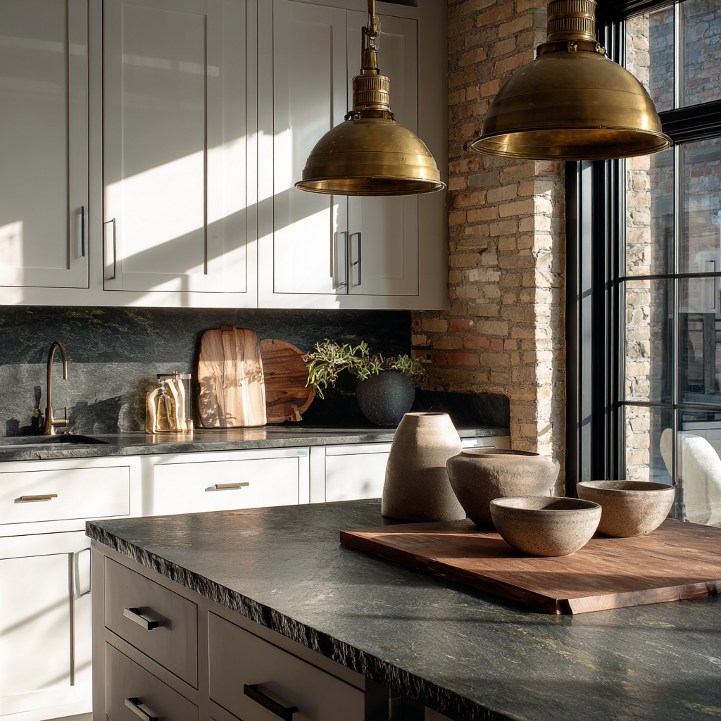A dramatic, industrial-style kitchen features light gray shaker-style upper and lower cabinets, dark textured slate countertops, and exposed brick walls, illuminated by two large brass pendant lights.