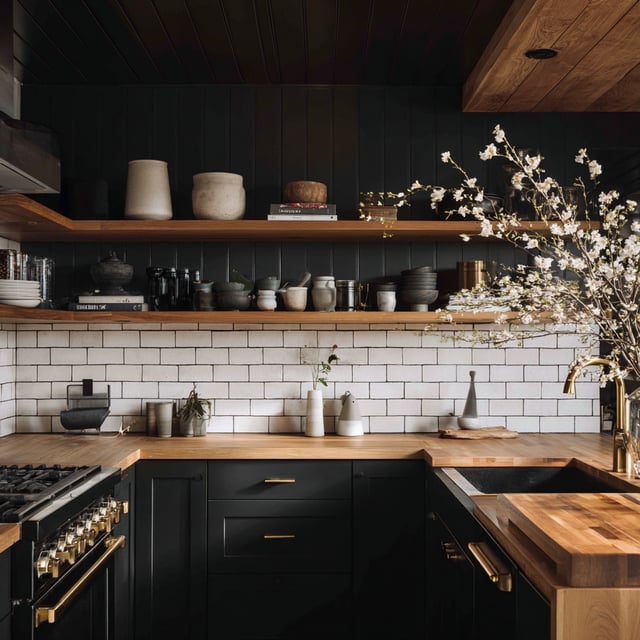 Modern black kitchen with wood counters and white subway tile.