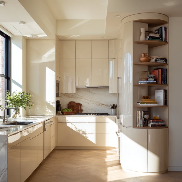 Modern kitchen with glossy cream cabinetry, curved corner shelving, marble-look backsplash, herringbone wood floors, and soft minimalist contemporary design.