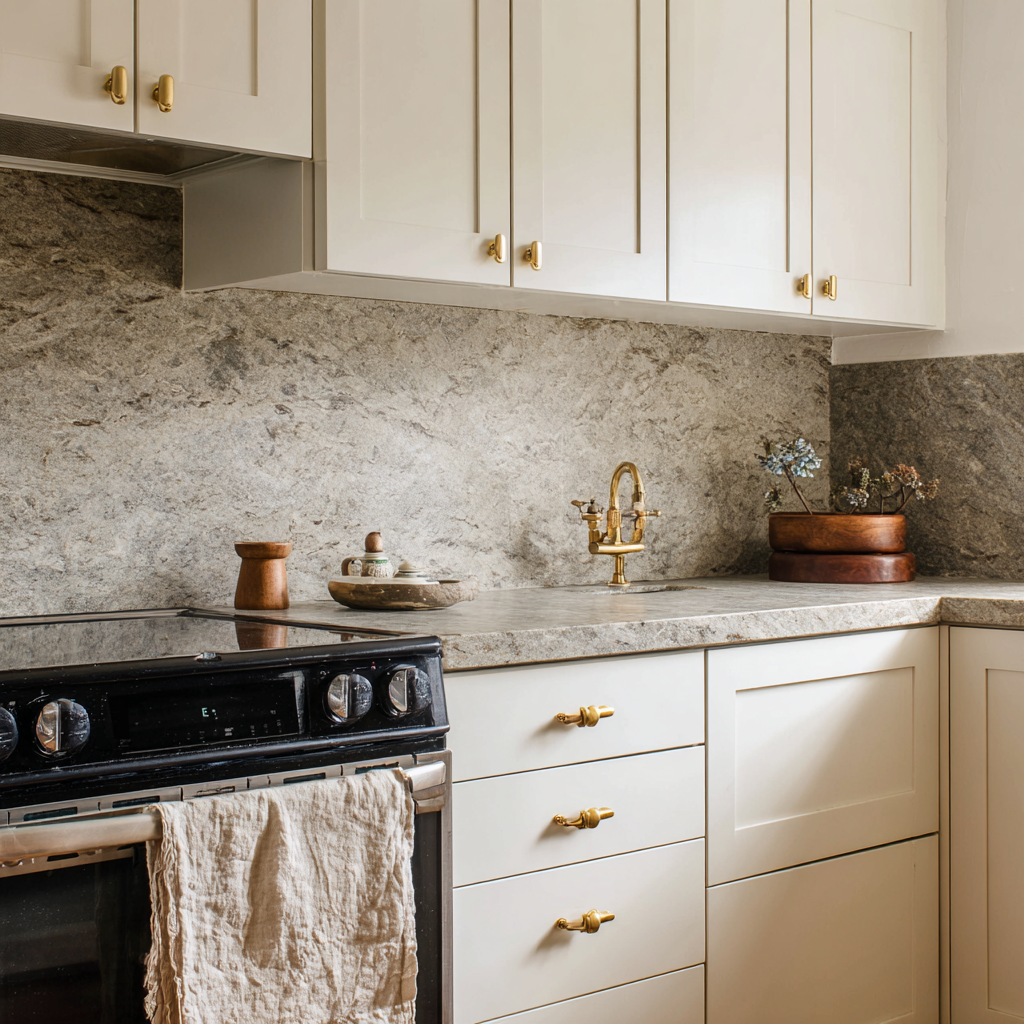 Cream kitchen with stone backsplash and gold hardware.