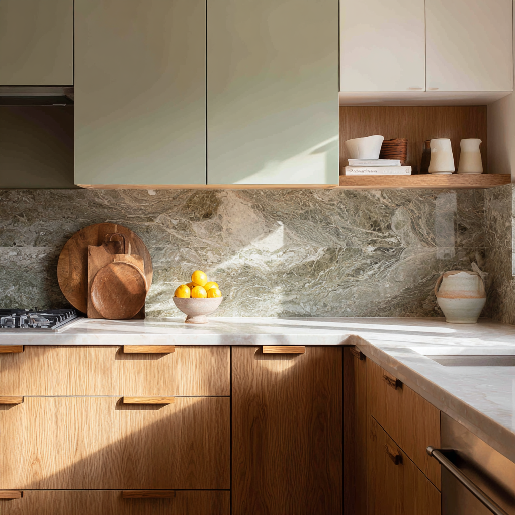 Modern kitchen with oak cabinets and green stone backsplash.