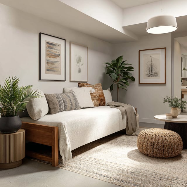 A cozy finished basement guest space features a wooden daybed with various pillows and a cream blanket, flanked by a round wooden side table with a potted plant and a textured pouf on an area rug, with framed art on the white walls.