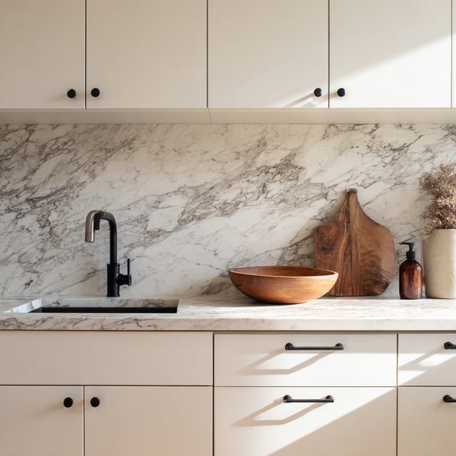 Minimalist kitchen with marble backsplash and wood bowl.