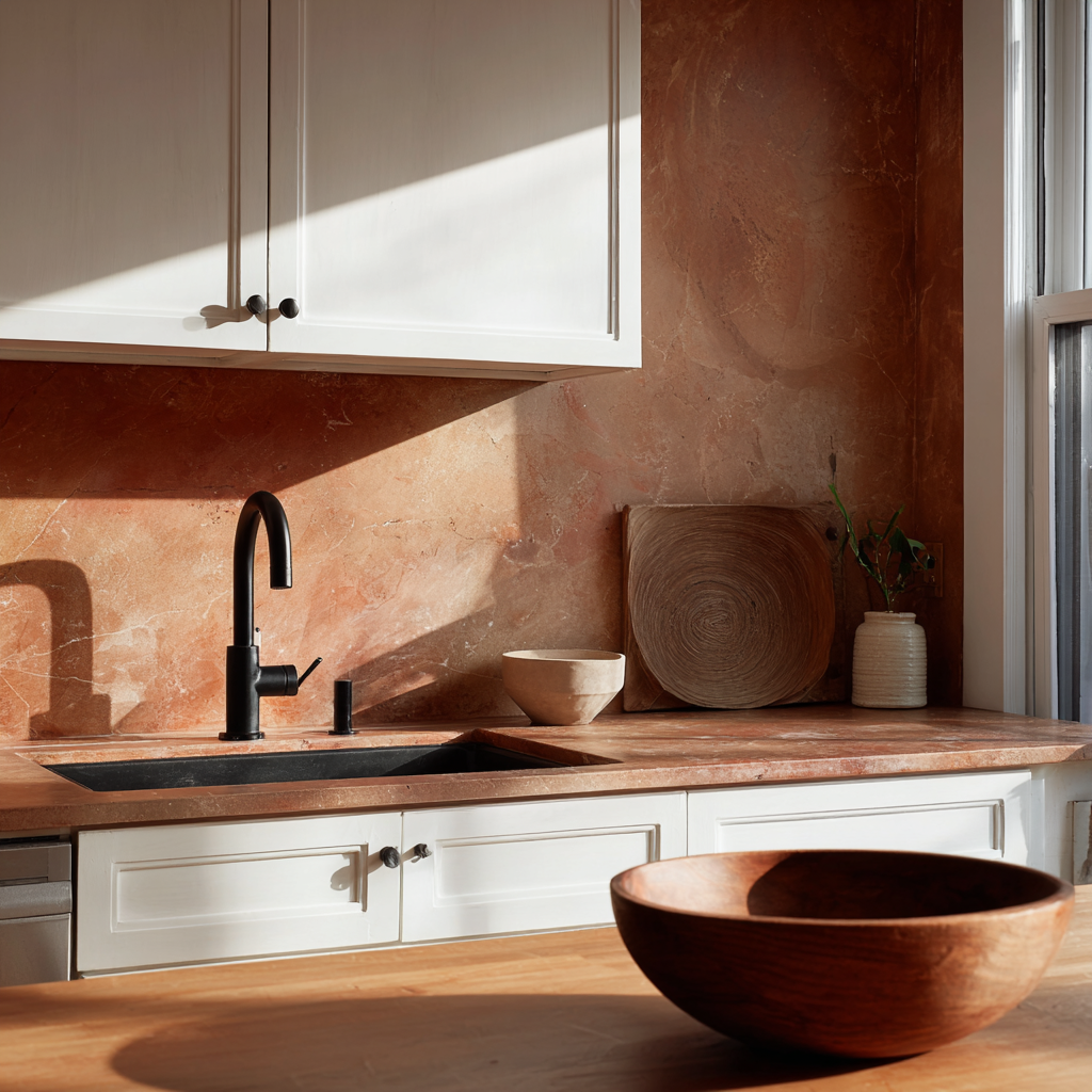 Warm kitchen with terracotta stone and a large wood bowl.