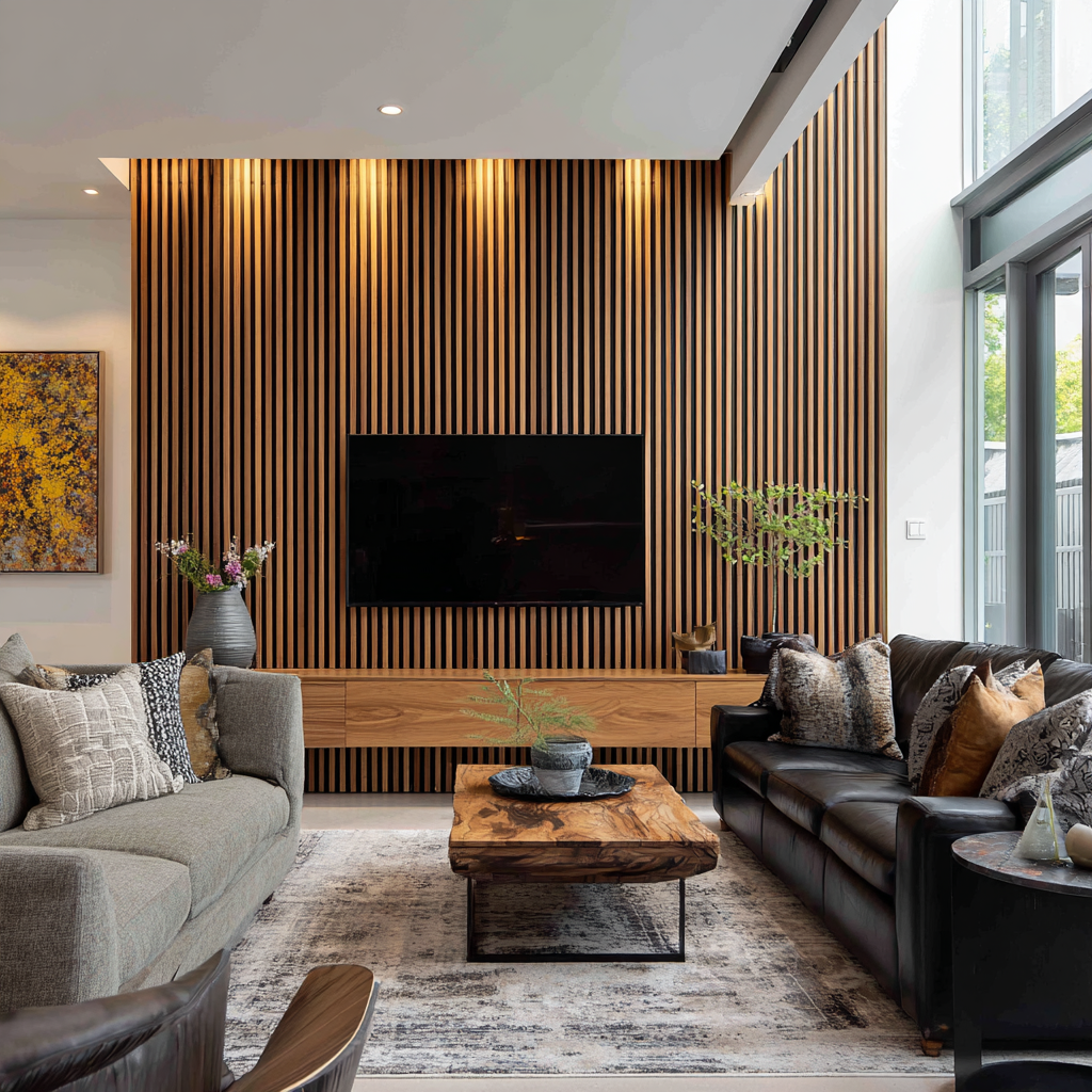 Modern living room with a wood slat wall and leather sofa.