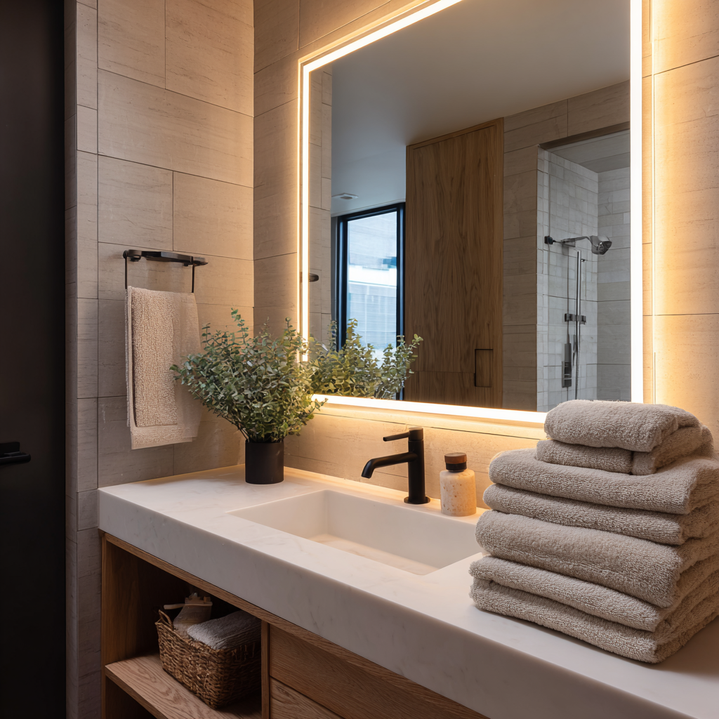 A modern bathroom features a rectangular, backlit mirror centered over a built-in sink on a white marble countertop, with a matte black faucet and a stack of beige folded towels to the right, a vase of eucalyptus to the left, and all set against a wall of light beige rectangular tiles.